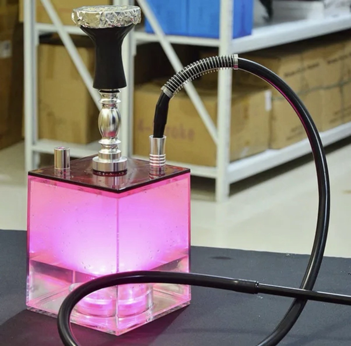 Cube-Shaped Acrylic Hookah with Color Changing LED, Hose, and Mouthpiece