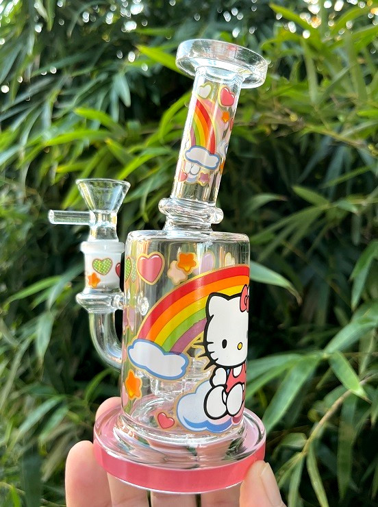 Hello Kitty Glass Water Pipe w/ 14mm Bowl 6.25&Prime; Bubbler Hookah Rainbows & Hearts