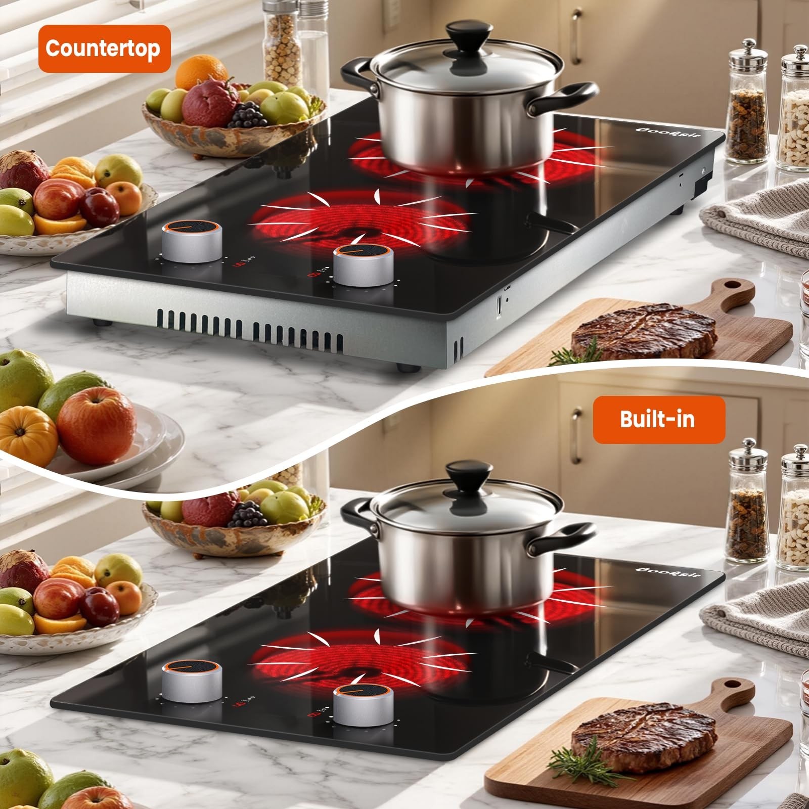 Electric Cooktop 2 Burner – 12 Inch 2000W Electric Stove Built-in & Counterto…
