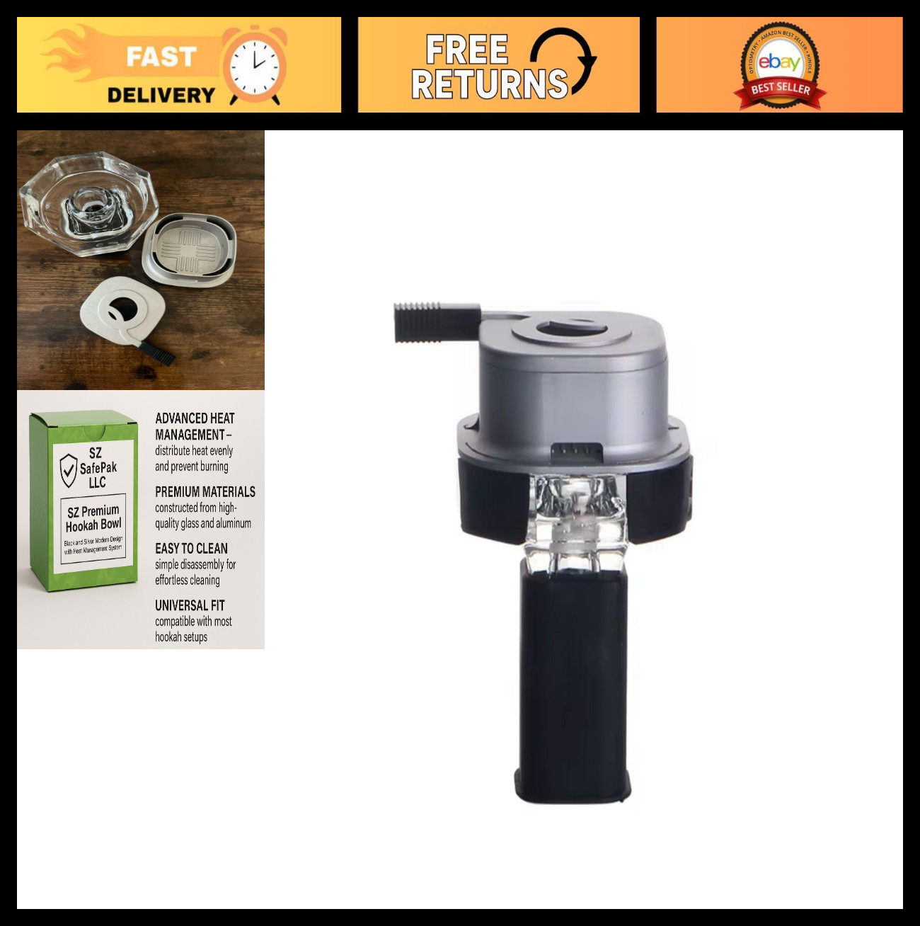 Premium Hookah Bowl with Heat Management System – Glass & Aluminum, Universal Fi