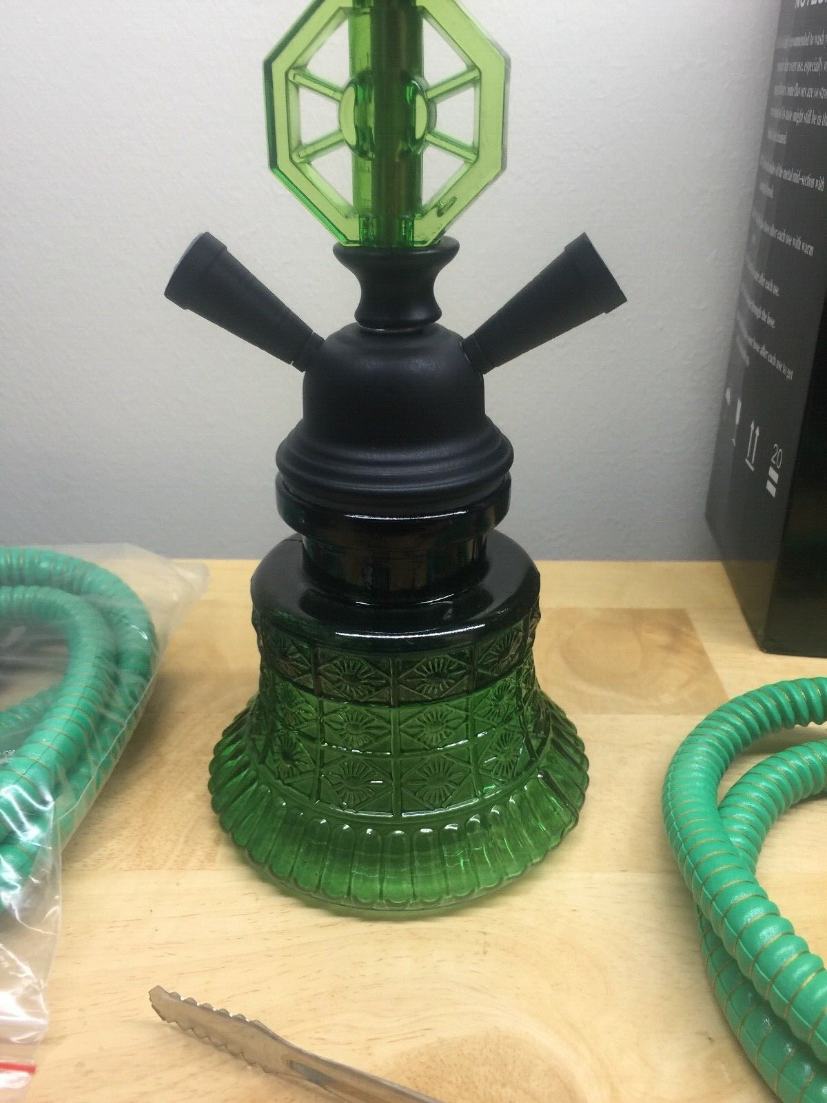 (Green/Black) Glass/Metal/Plastic 2 Hose Tobacco/Shisha Hookah w/ Ceramic Bowl