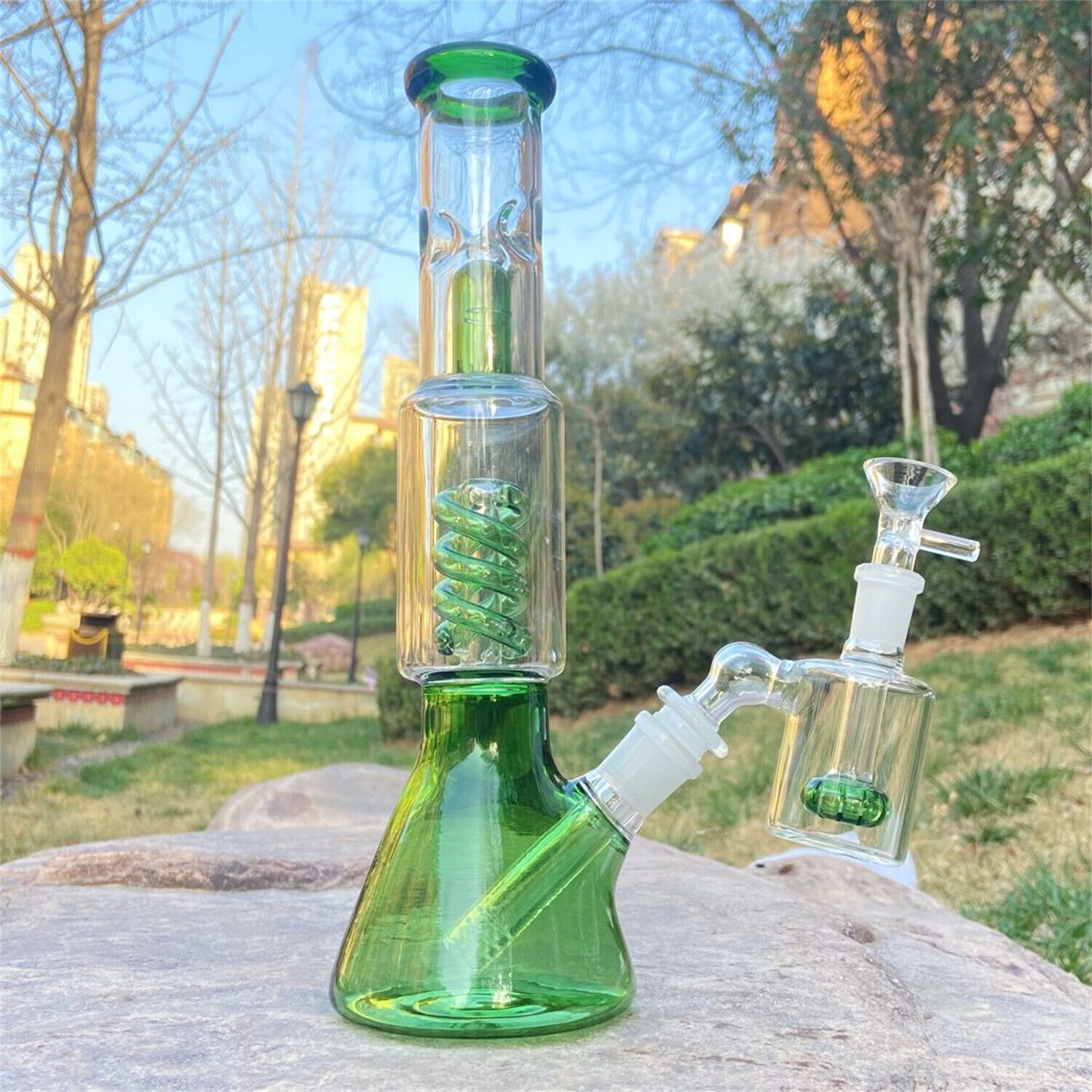 12&Prime; Green Glass Bong Tornado Heavy Percolator Water Pipe Hookah W/Ash Catcher