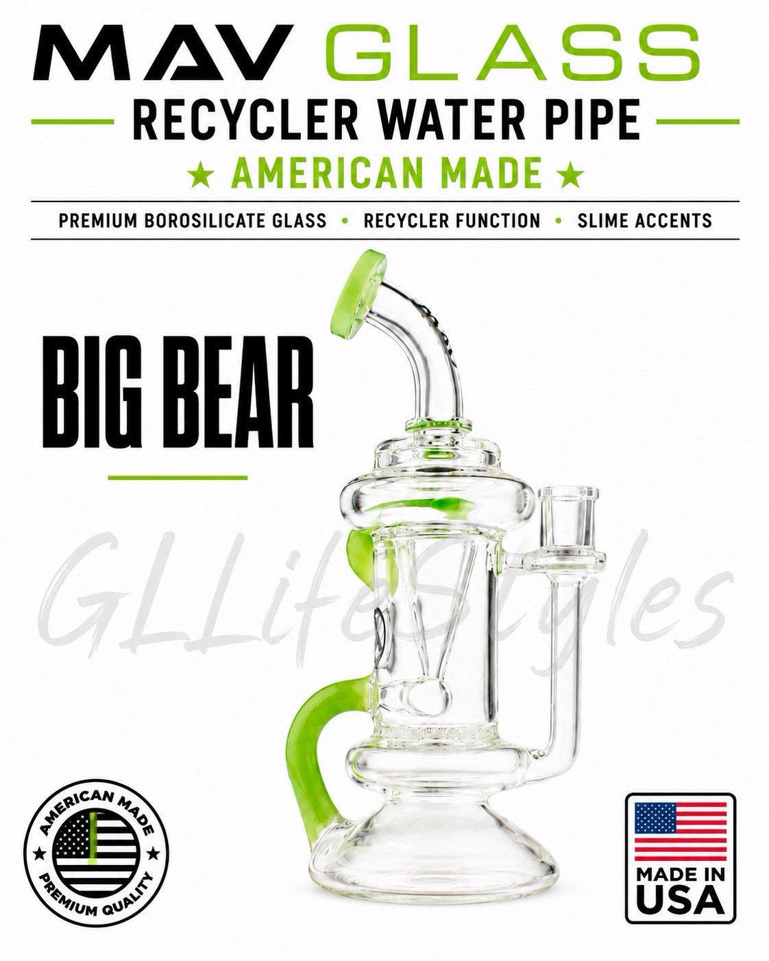 MAV GLASS Big Bear Water Pipe RECYCLER, BUBBLER, USA MADE, CLEAR W/SLIME ACCENTS