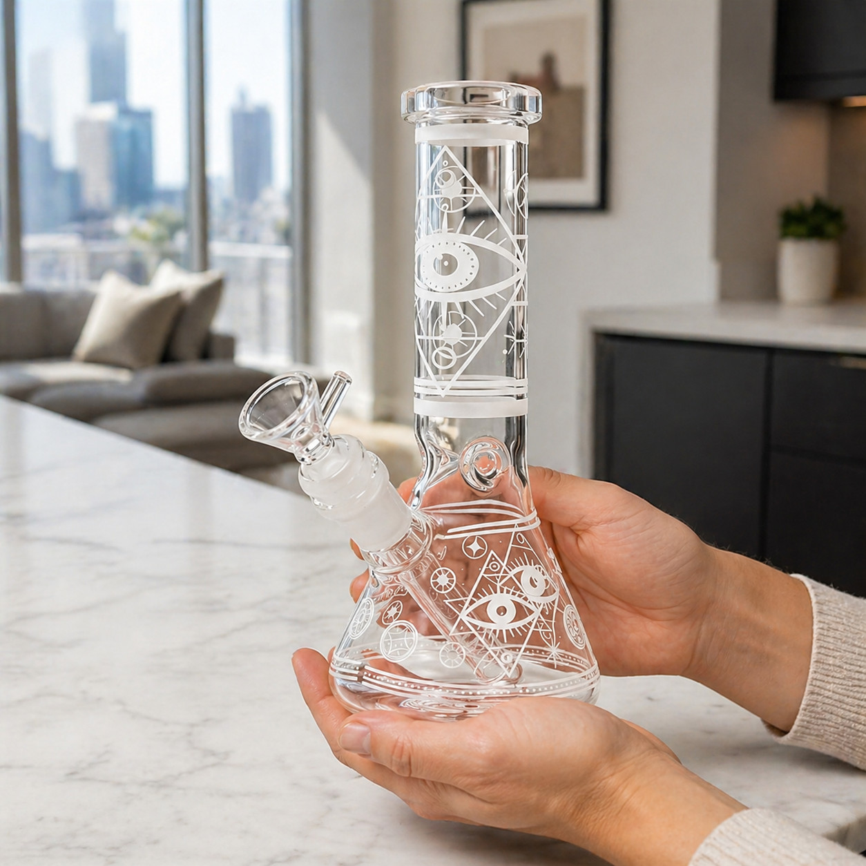 8&Prime;Eye Glow in Dark Glass Bong Water Pipe Beaker 14mm Bowl Smoking Tobacco Screen