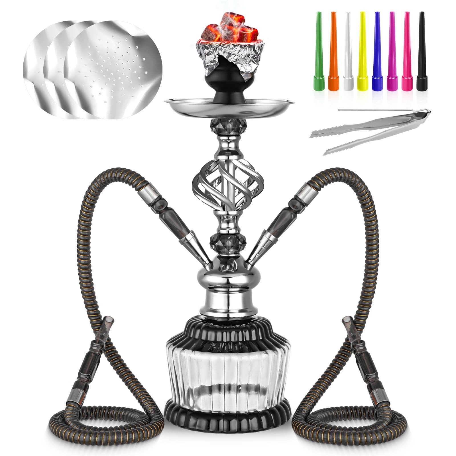 2 Hose Hookah Set 15 » Shisha With Everything Glass Vase Hollow-Carved,Coal T…