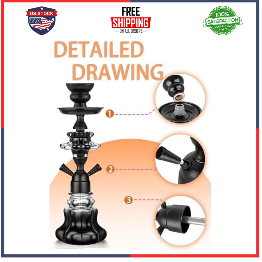 Hookah Set 14 Inch Shisha Complete Kit Glass Vase Leather Hose Ceramic Bowl Coal
