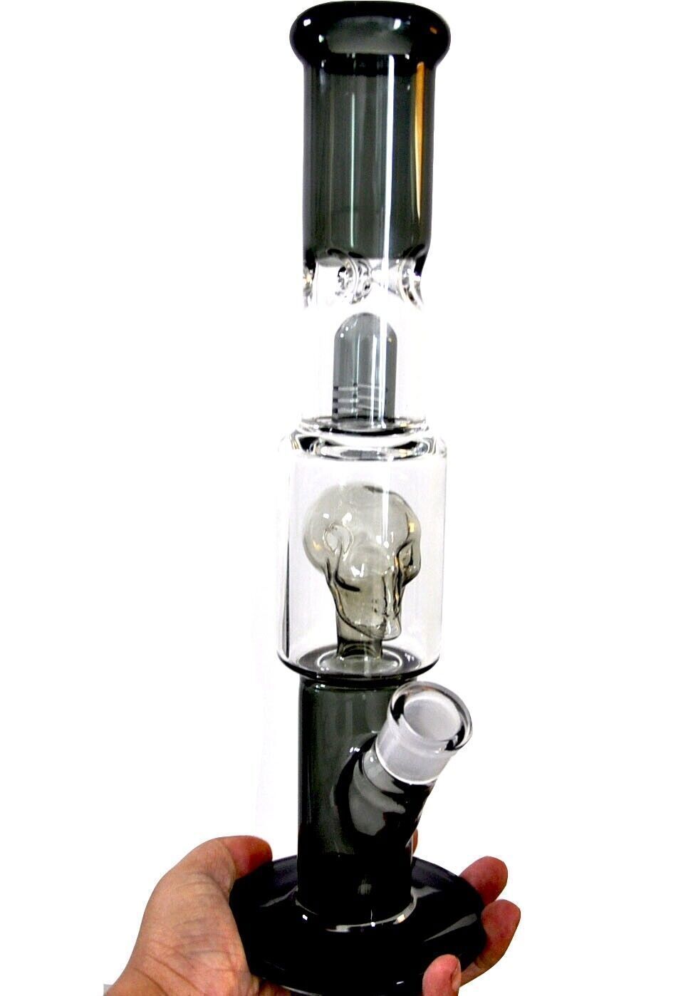 12&Prime; Tall Skull Glass Bong Gray Percolator Water Pipe Pyrex Smoking Hookah W/Bowl