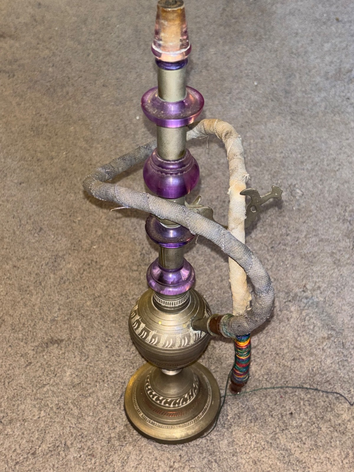 Vintage Indian Etched Brass and Purple Hookah Water Pipe Tobbaciana Missing Bowl