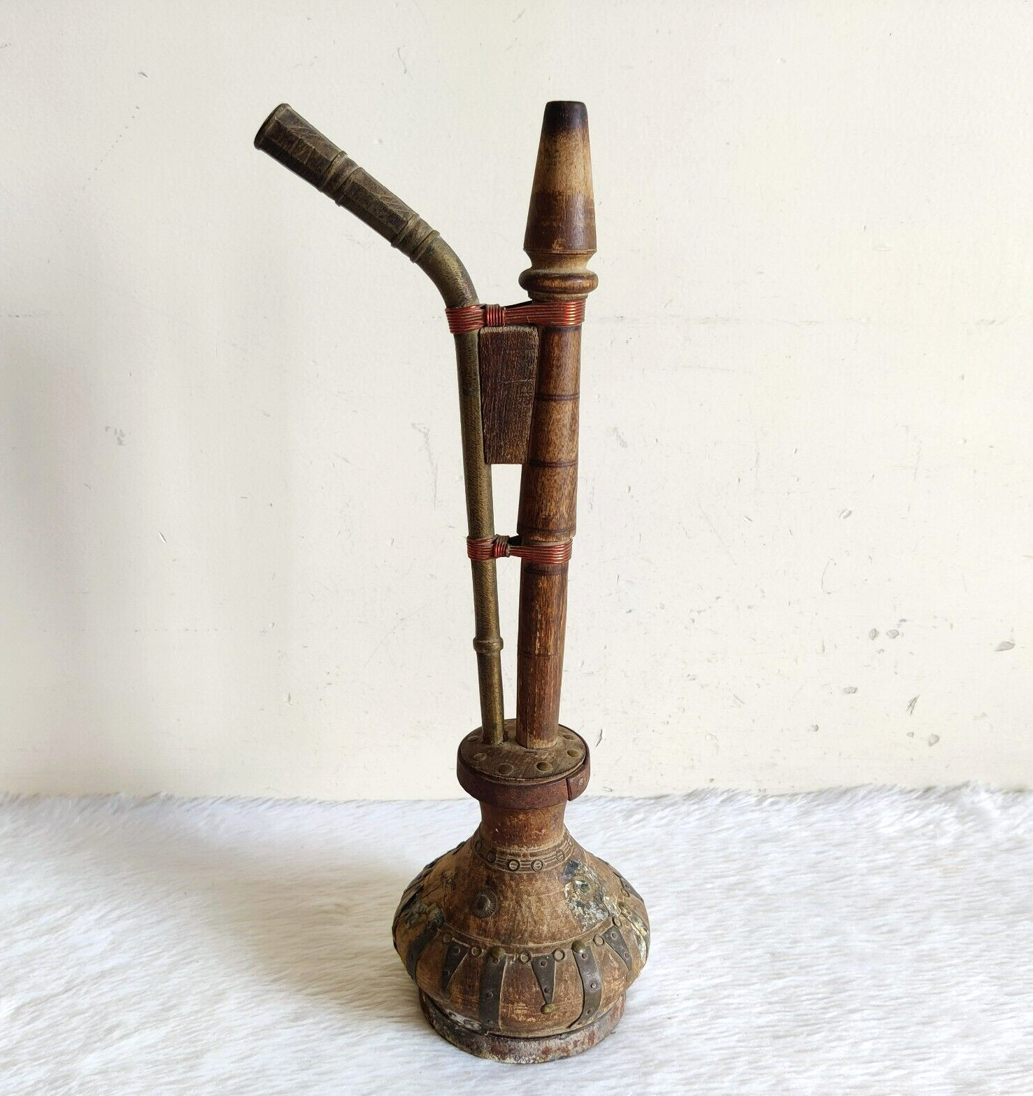 1920s Vintage Handcrafted Wooden Brass Pipe Traditional Hukkah Collectible WD909