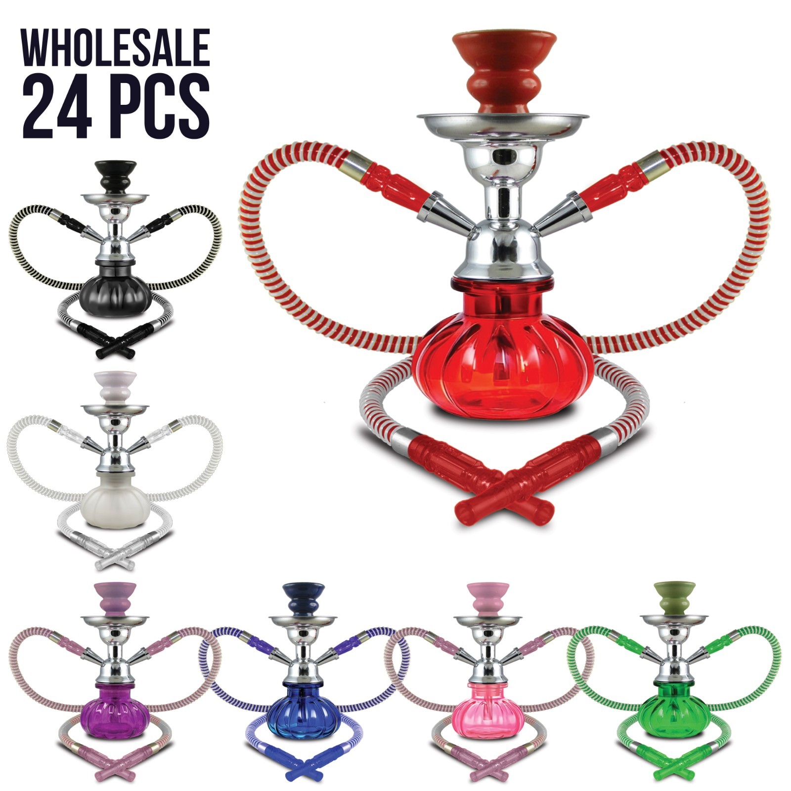 WHOLESALE Hookahs 24x 9&Prime; Pumpkin 2 Hose Hookah Assorted Colors + BONUS ITEMS