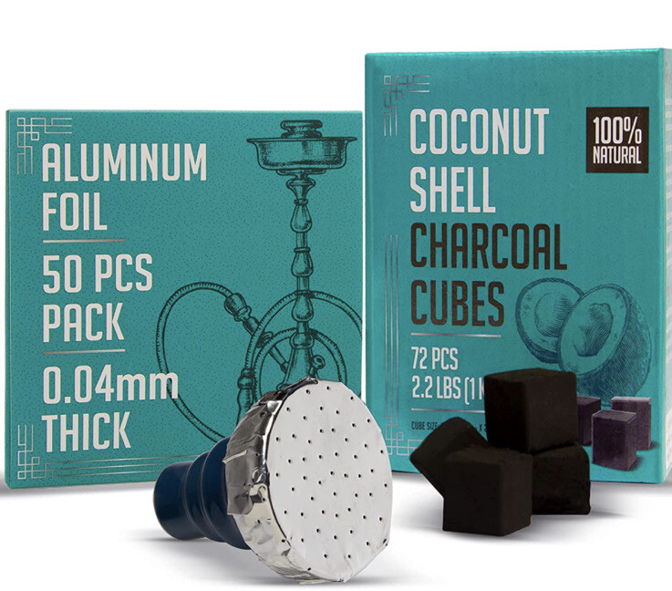 Coconut Charcoal Natural Hookah Coal Shisha 72 Pieces Cubes + 50 Foil Sheets
