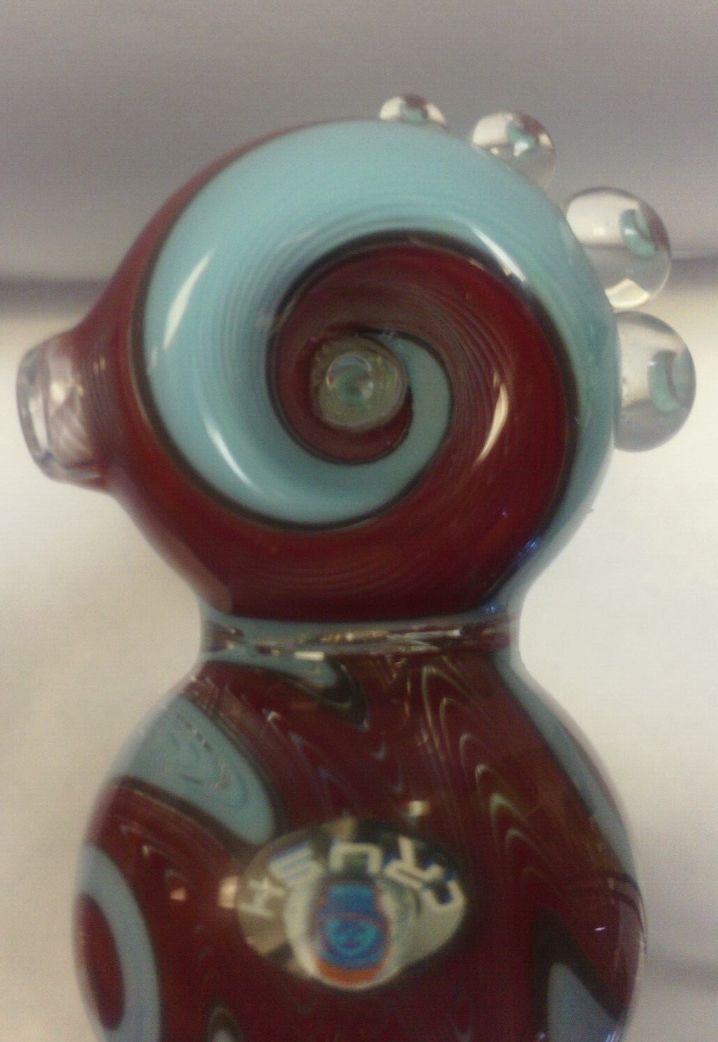 6&Prime; CRUSH GLASS DOUBLE BUBBLER WATERPIPE HANDPIPE – WAVY LINE RED, LT BLUE & GRAY