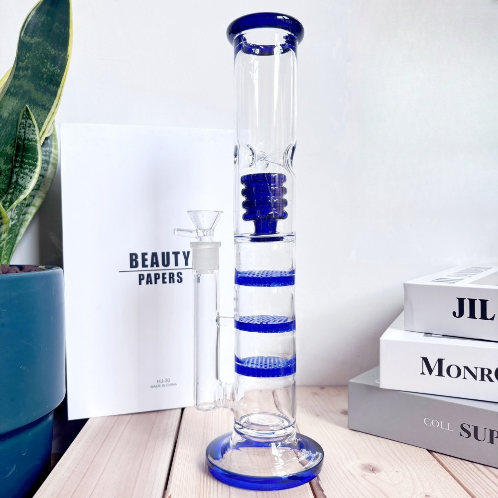 Big 12inch Blue Glass Bong Honeycombs-Coil Perc Smoke Water Pipe Bubbler Hookah