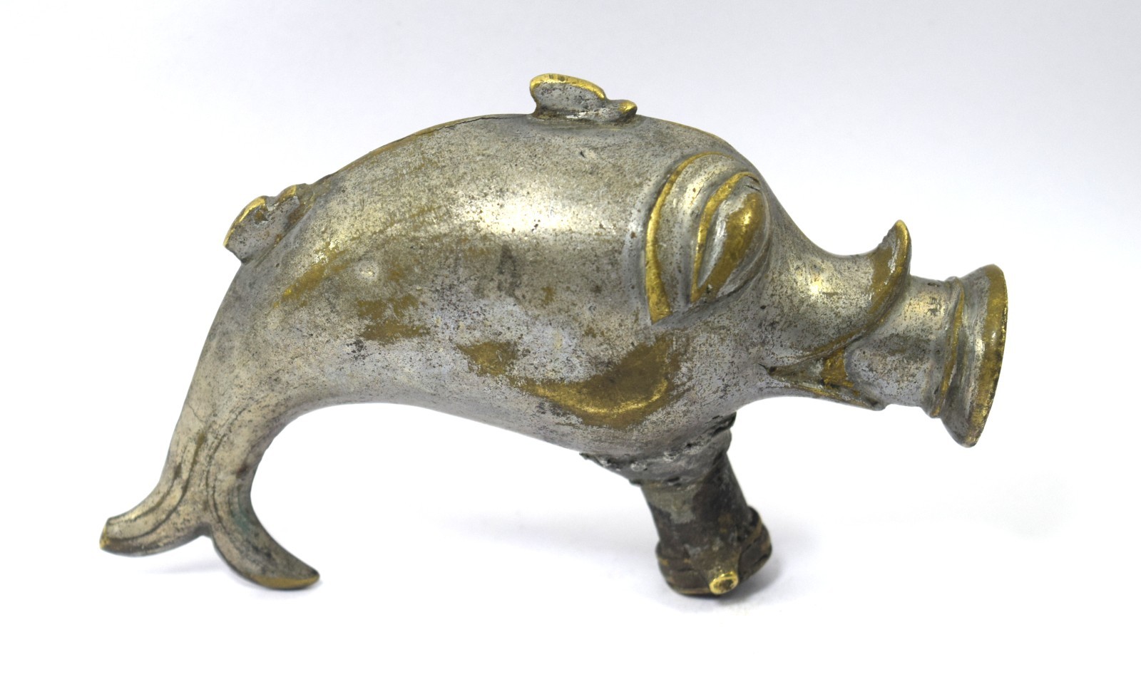 Antique Mughal Islamic Rare Fish Shape Carved Brass smoke Hand Hukka. G9-150