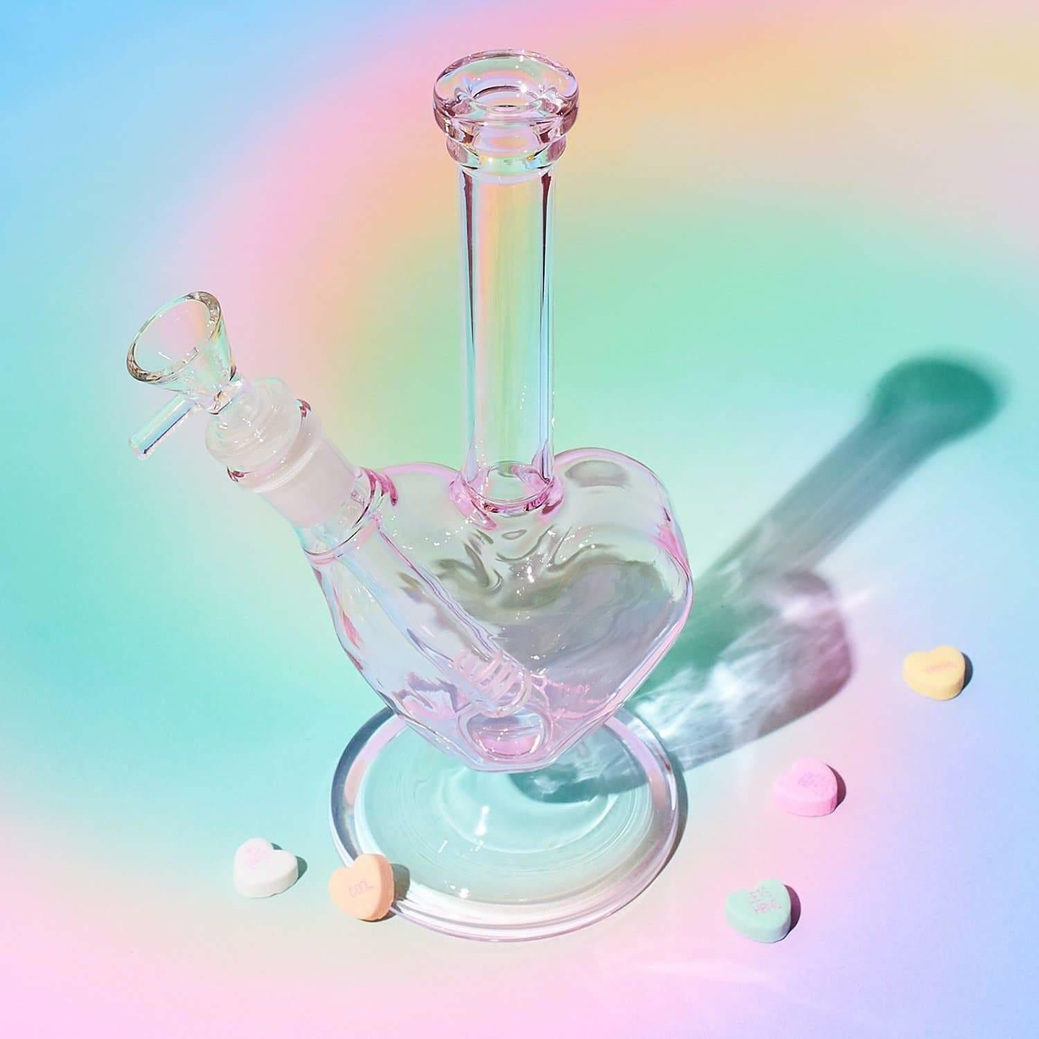 Pink 9&Prime; Glass Hookah Water Pipe Bong Heart Shape Smoking Tobacco W/Ash Catcher