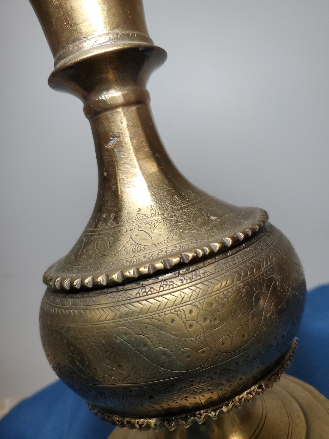 Antique Islamic Brass Hookah Base 18th Century Mughal Style Etched Carved Vase