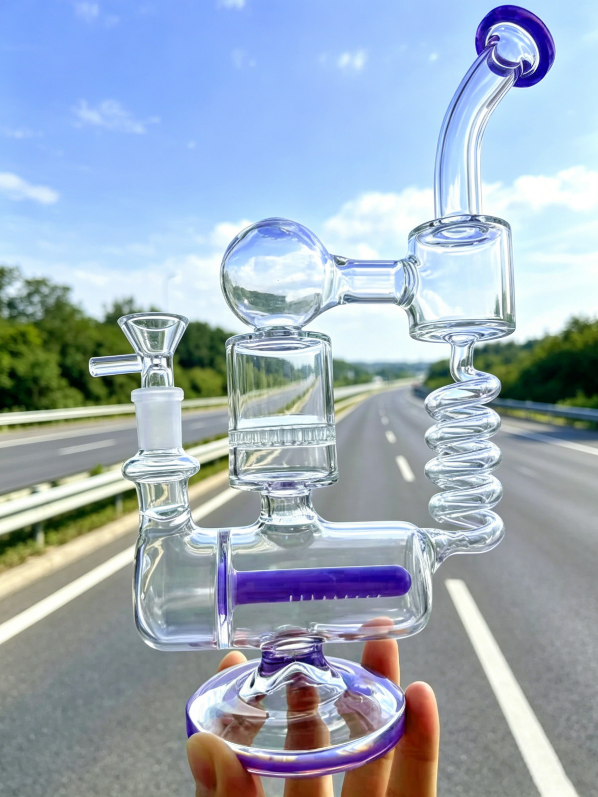 lavender Coil Honeycomb lass bong Recyler Rigs water pipe smoking Curved 11.8&Prime;