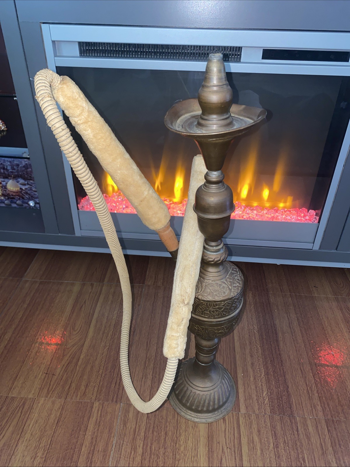 Antique Style Brass Hookah with Hose, Hand Engraved Collectible Decor Arabic