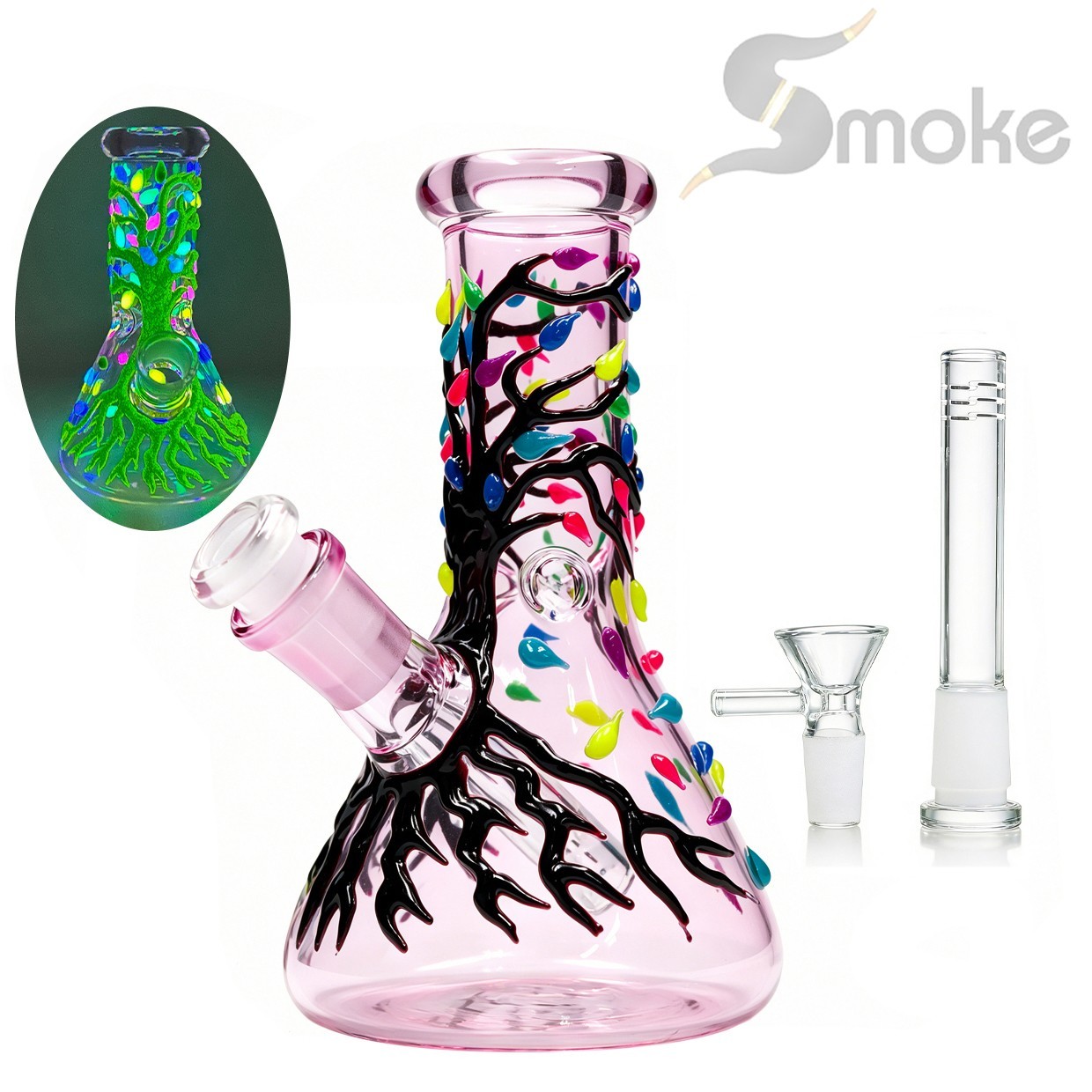 MINI Fluorescent 6.5&Prime; Glass Bong Water Pipes Smoking Beaker bongs Hookah w/14mm