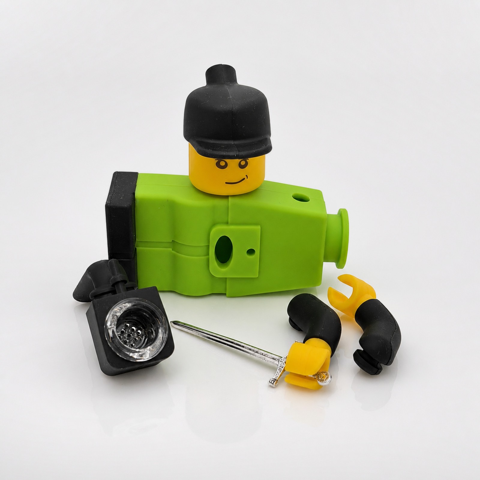 6&Prime; Green Cube Head Swordsman Silicone Water Pipe Bong Glass Bowl Smoking Tobacco