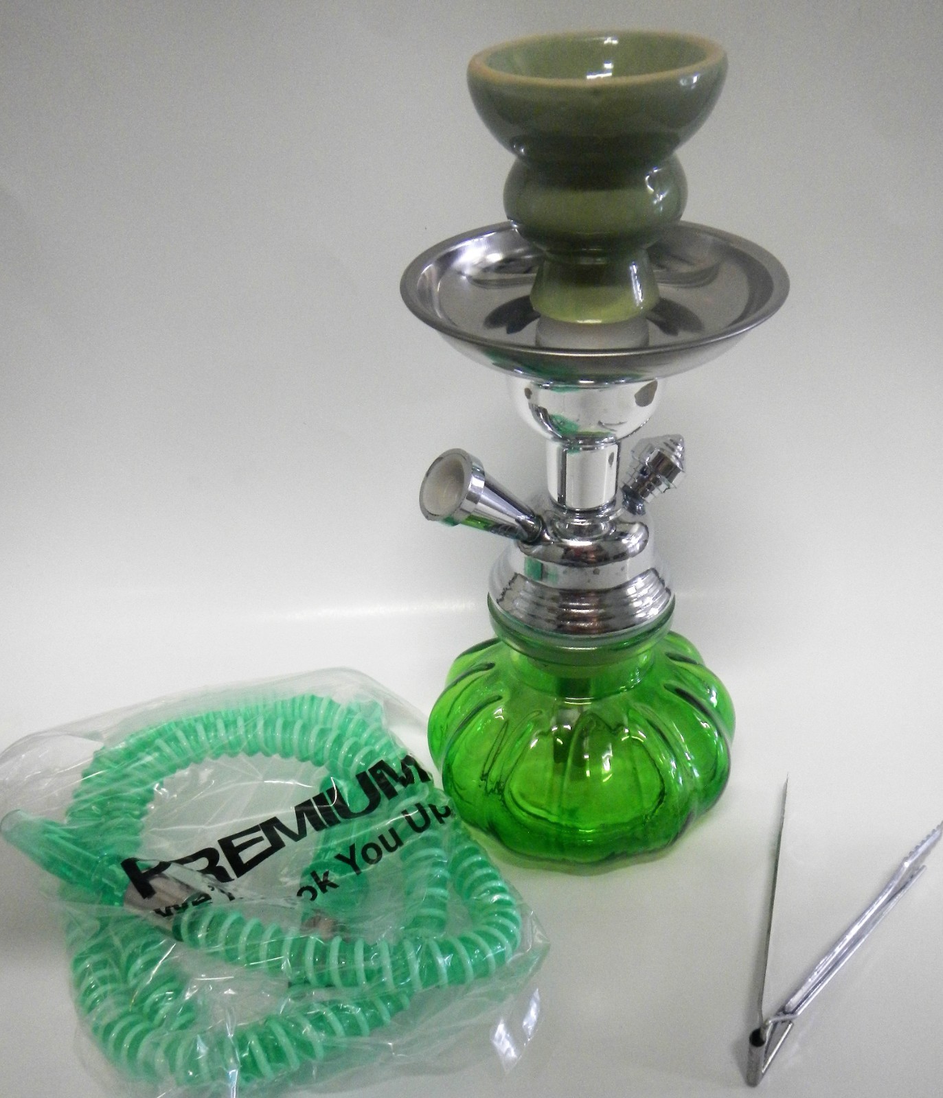 Pumpkin Hookah 9in Set with Glass Base Silicone Hose & Metal Tray in GREEN 4011