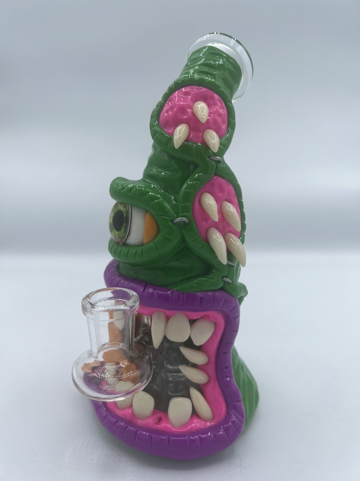7&Prime; Green Monster Eye Colorful Thick Glass Bong Free Bowl Teeth Unique Color