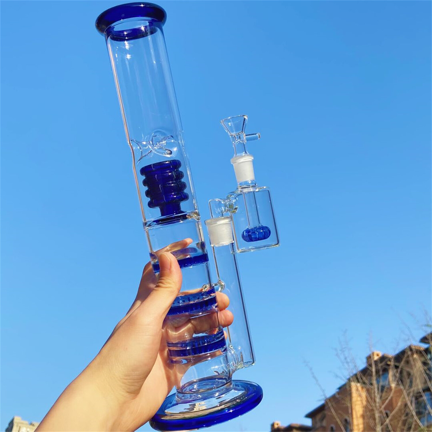 Blue 12.6 » Glass Honeycomb Filter Bong Smoking Hookah Water Pipe W/Ash Catcher