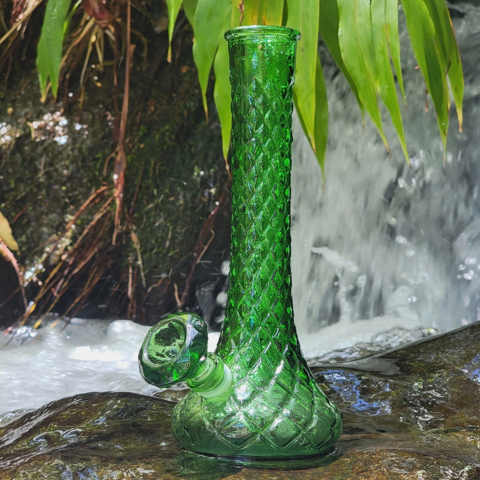Vintage Upcycled Vase Bong Emerald Glass With Green Downstem And Diamond Bowl