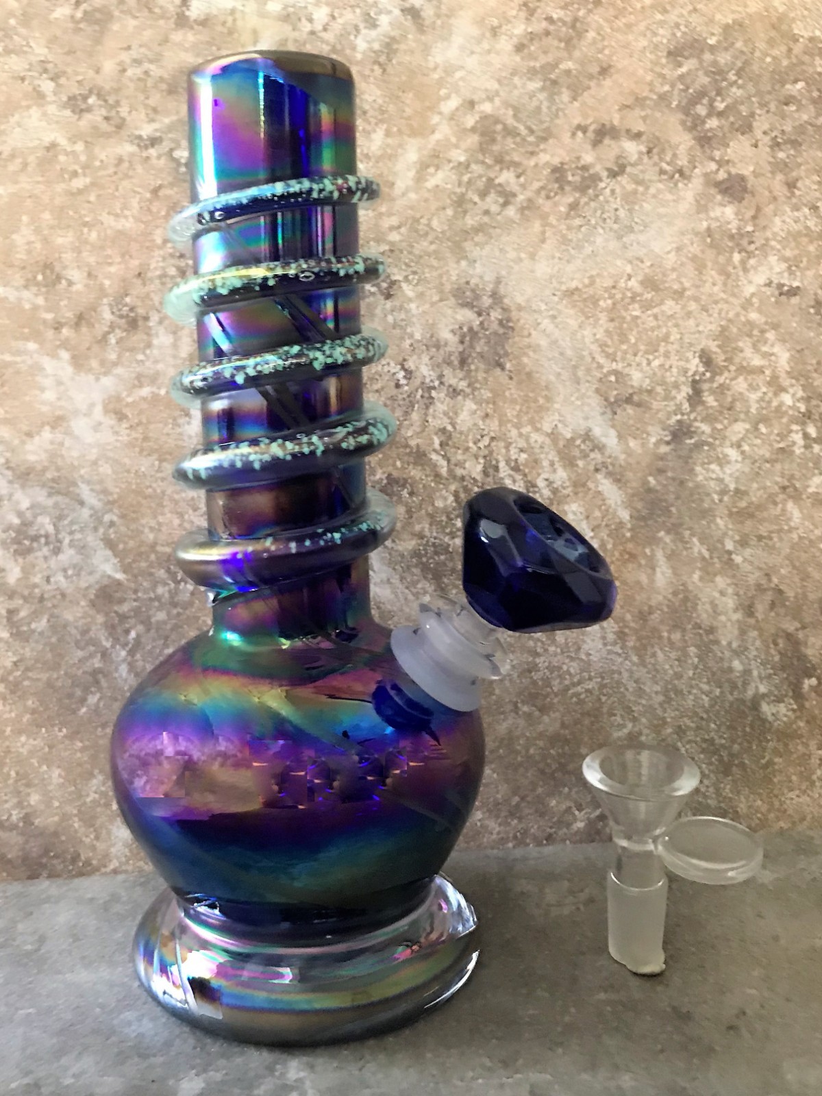 8&Prime; Soft Glass Bong, Glow in the Dark + Blue Diamond Bowl