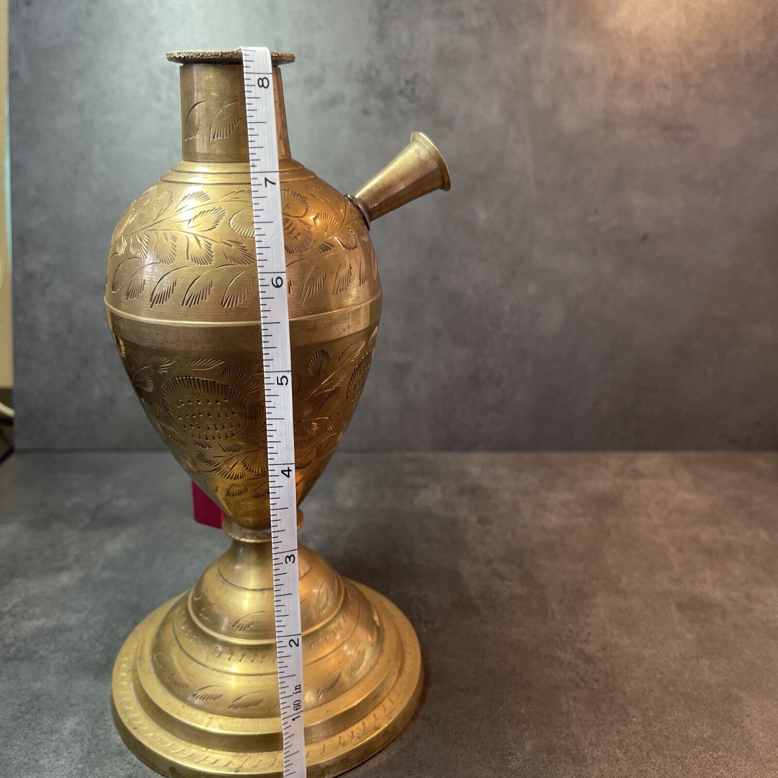 Vintage All Brass Hookah Base Engraved Palm Fronds And Ferns Small Flower Vase