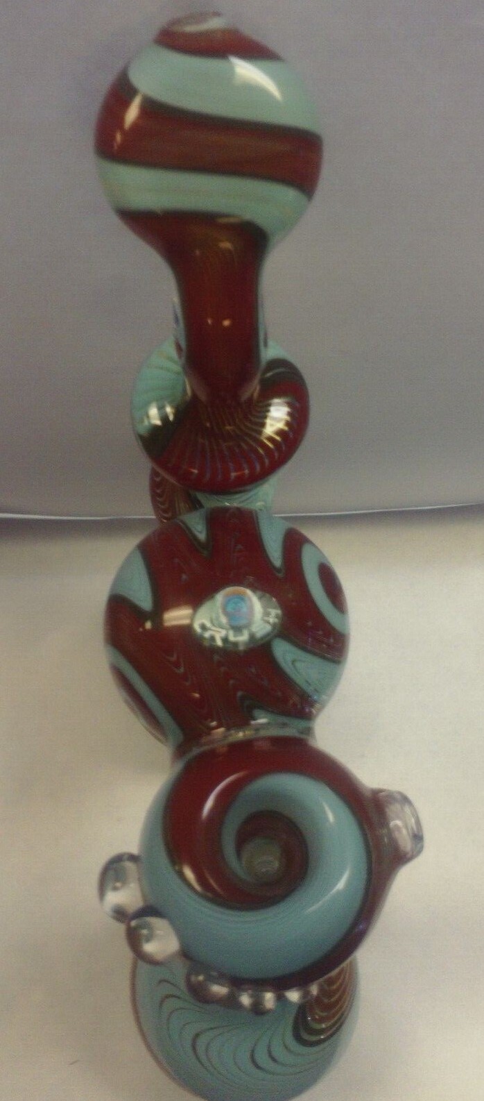 6&Prime; CRUSH GLASS DOUBLE BUBBLER WATERPIPE HANDPIPE – WAVY LINE RED, LT BLUE & GRAY