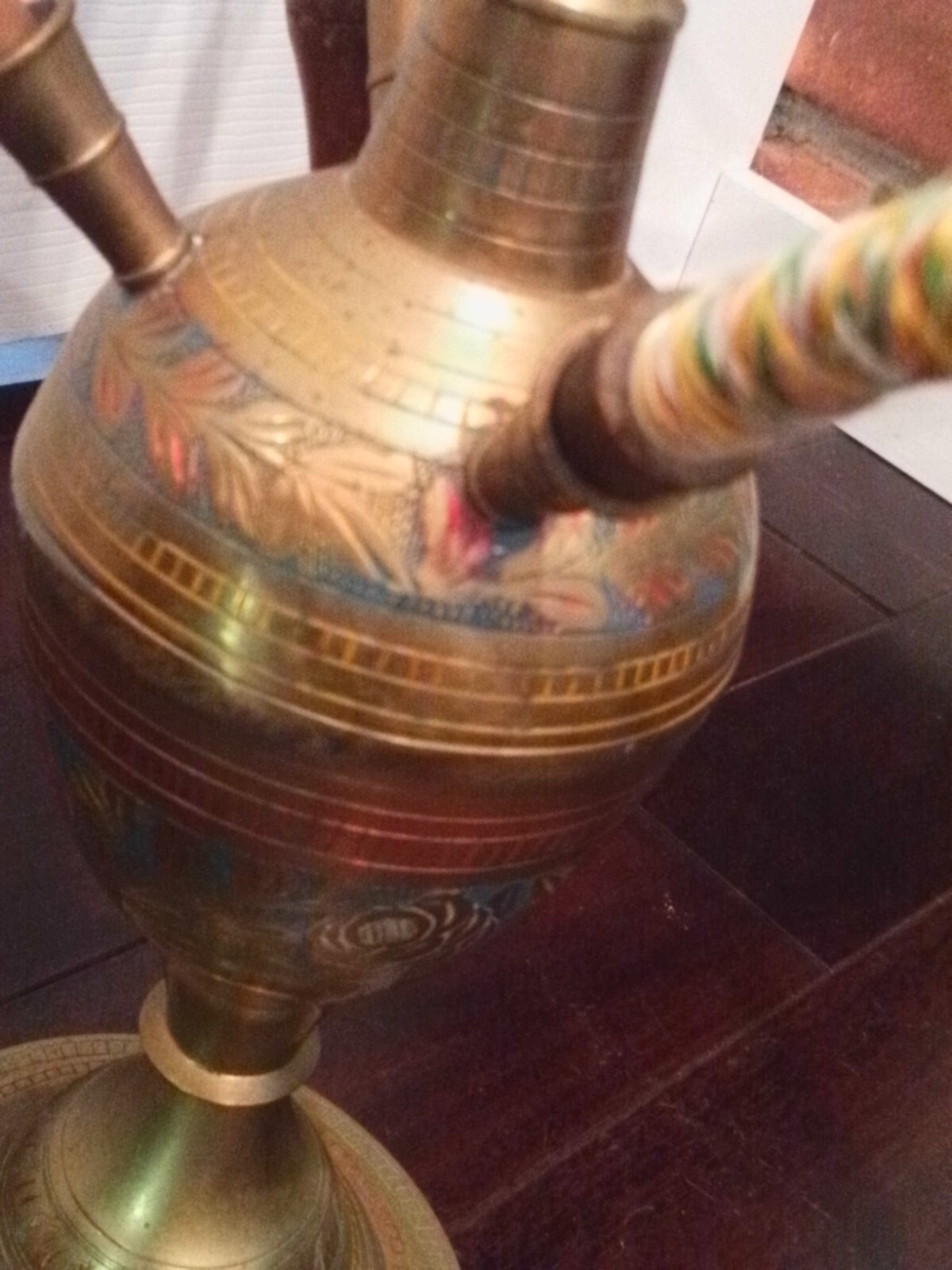 Vintage 1995 30&Prime; tall etched Brass hookah w/enamel floral decoration and 4 hoses
