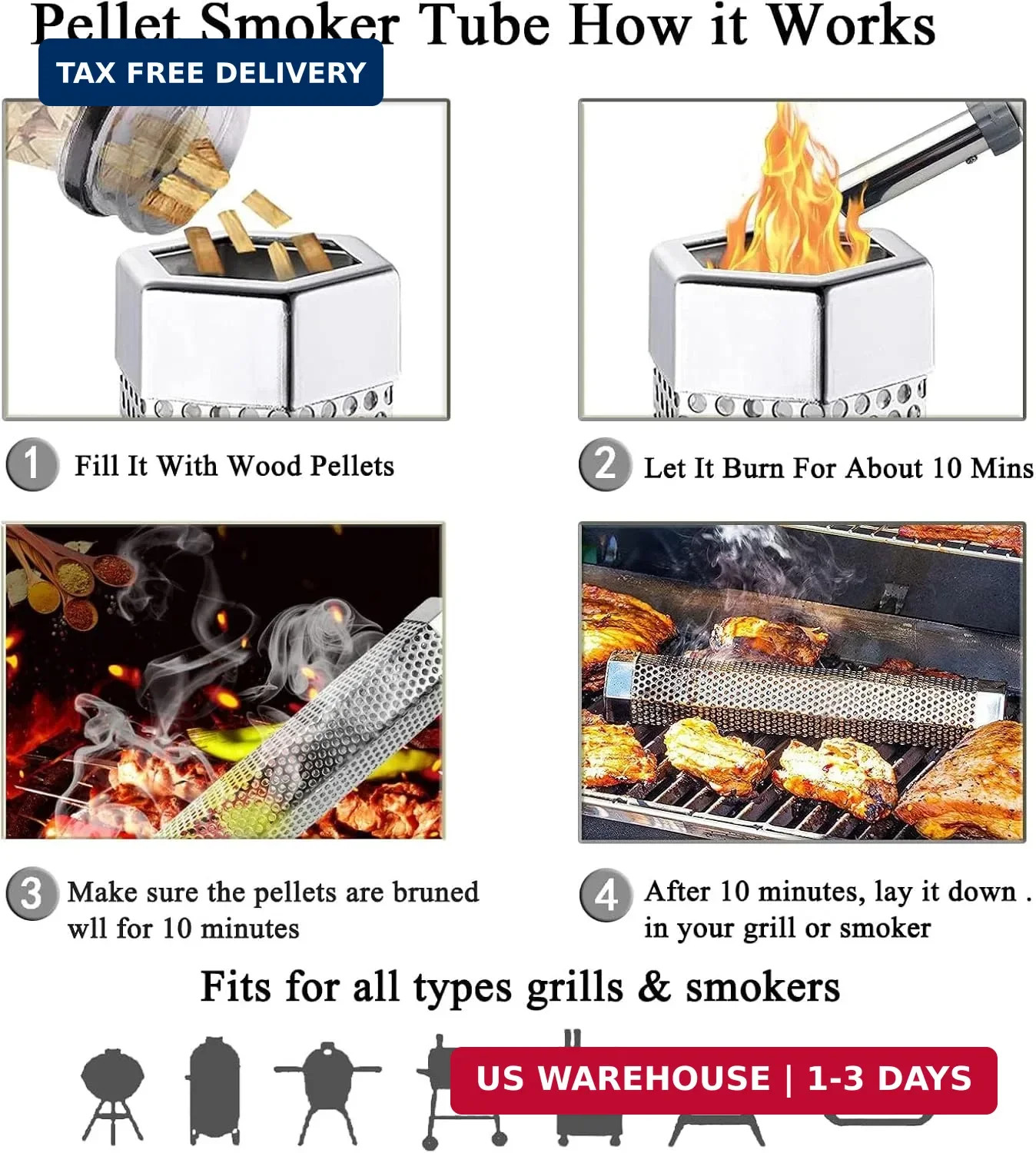 Smoke Tube for Pellet Smoker 12&Prime; – 5 Hours of Billowing Smoke – Hot/Cold Smoking