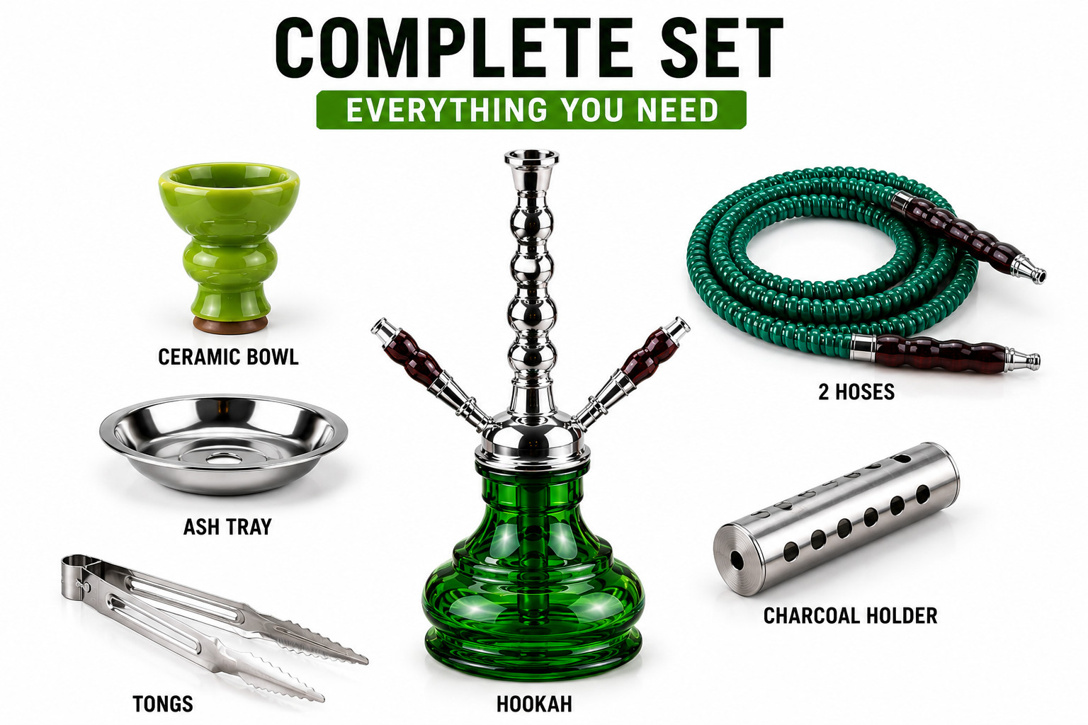 17” Junior Hookah 2 Hose Green Glass Hookah Set