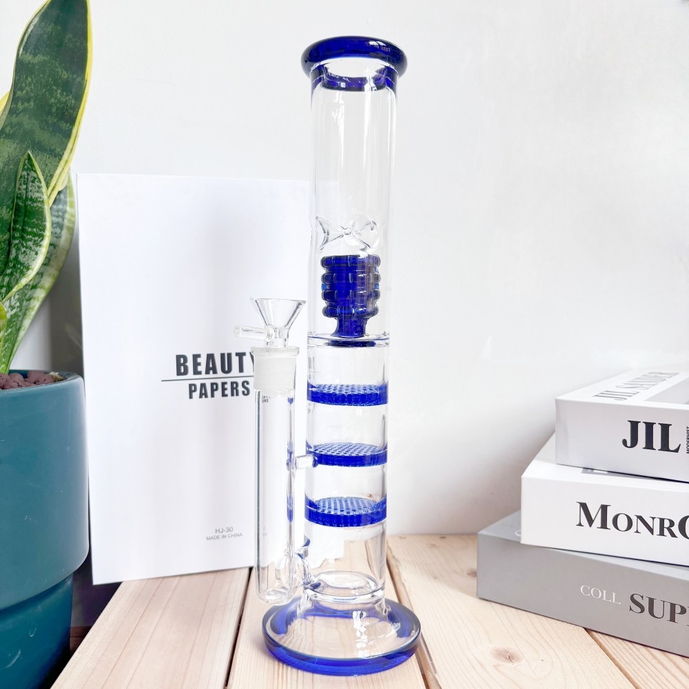 Big 12inch Blue Glass Bong Honeycombs-Coil Perc Smoke Water Pipe Bubbler Hookah
