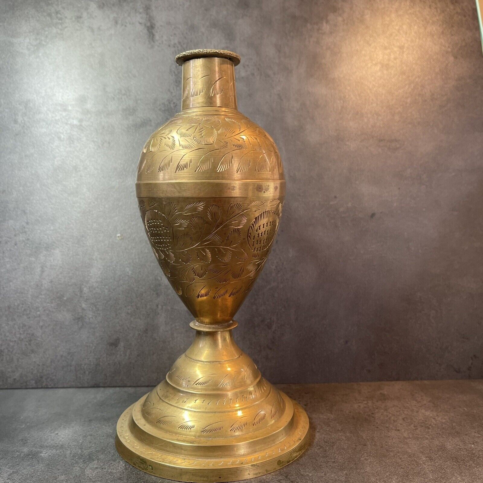Vintage All Brass Hookah Base Engraved Palm Fronds And Ferns Small Flower Vase