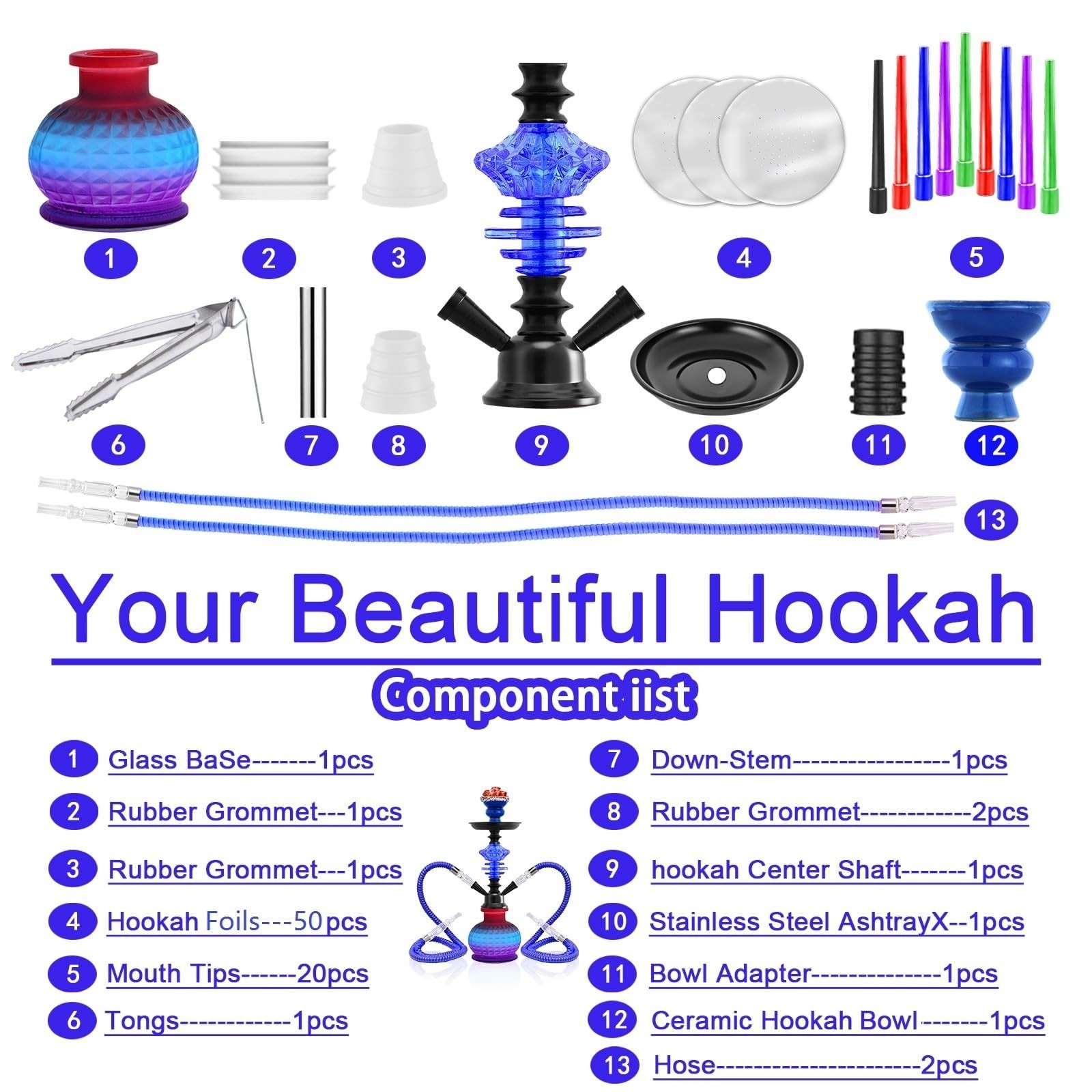 14&Prime; Premium 2-Hose Hookah Set – Portable Complete Kit with Case, 20 Tips, 50 Foi
