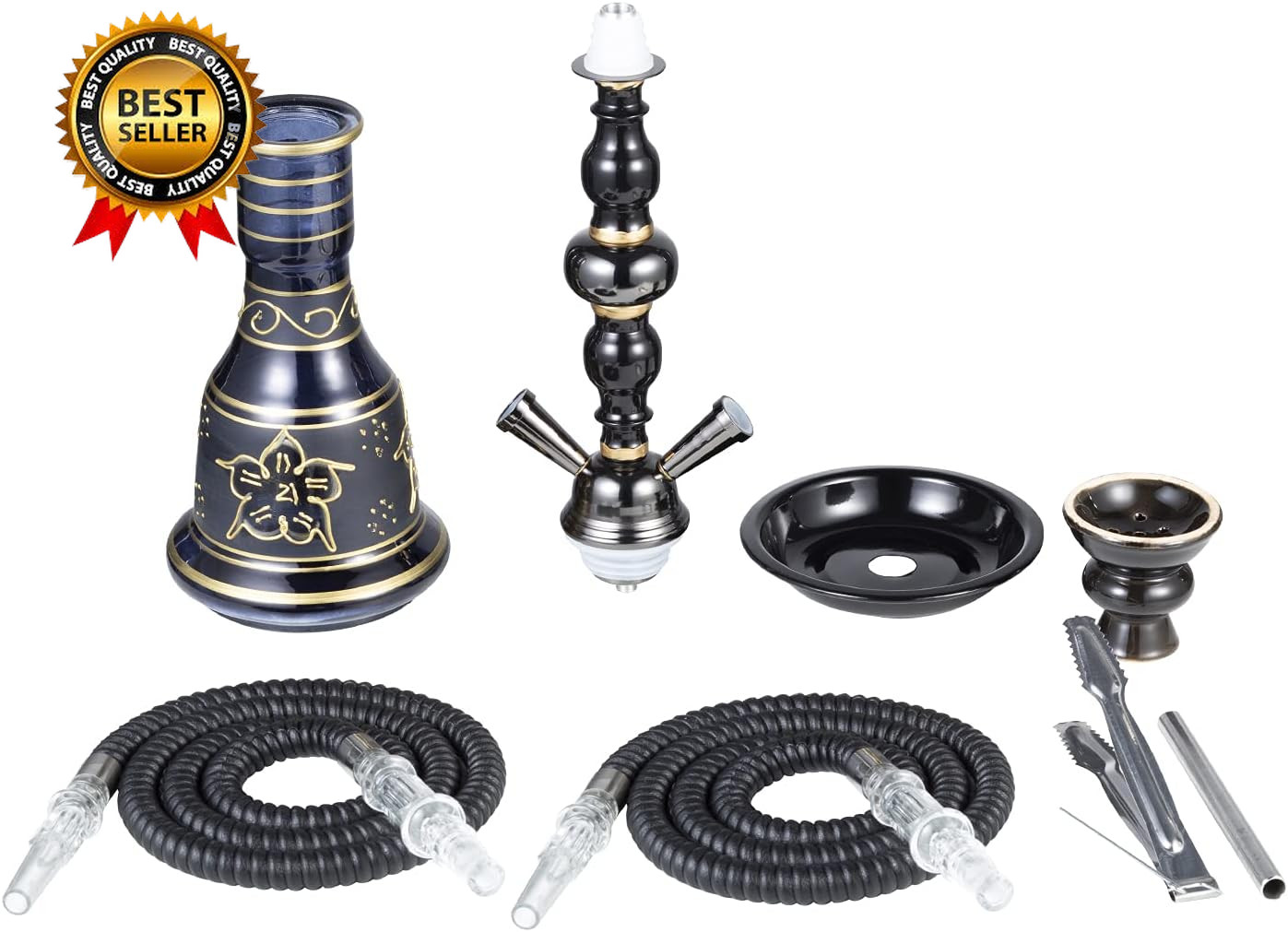 20 Hookah Set 2 Hose Premium Shisha Hookah Kit with Glass Vase Ceramic Bowl…
