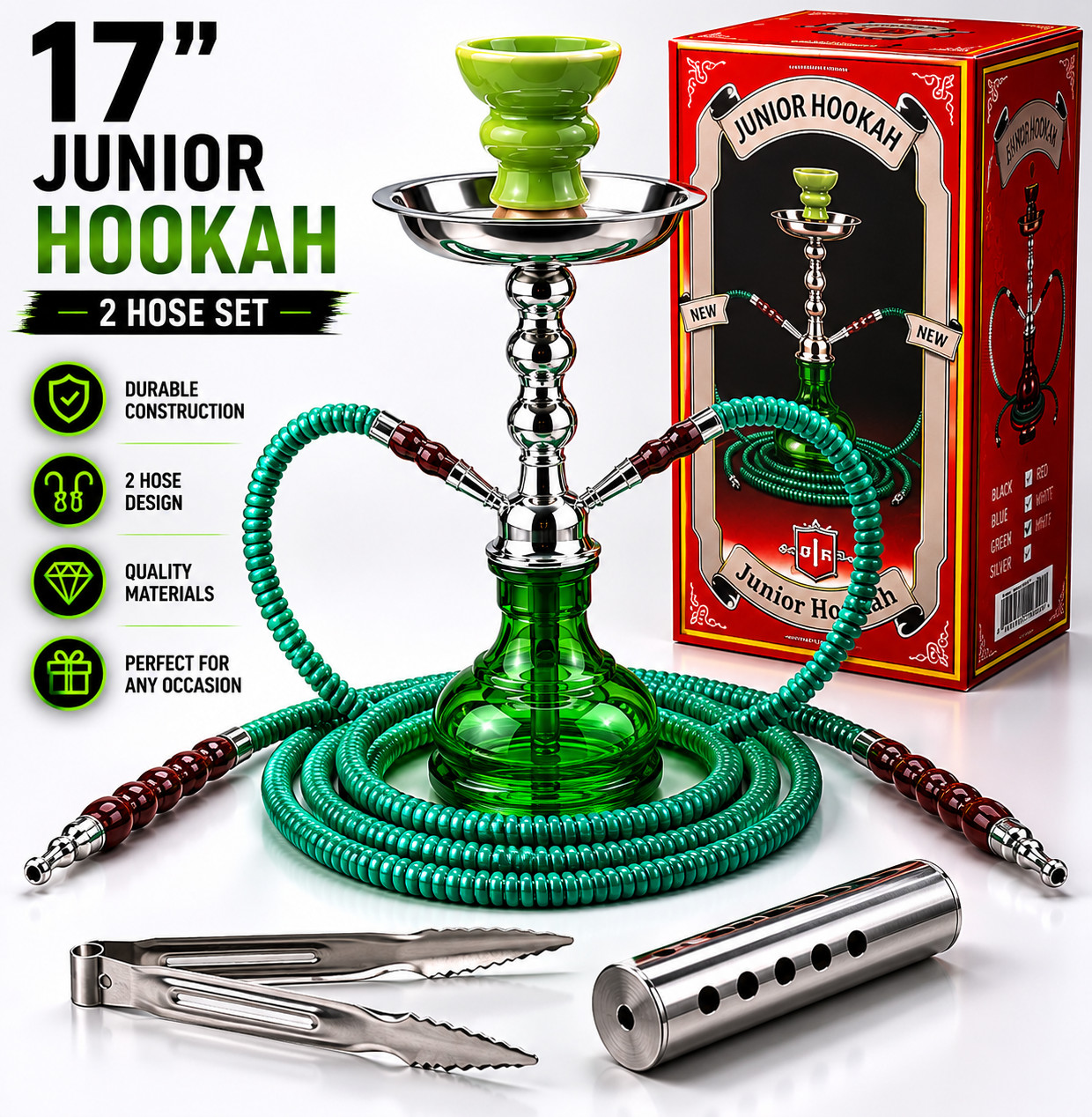 17” Junior Hookah 2 Hose Green Glass Hookah Set