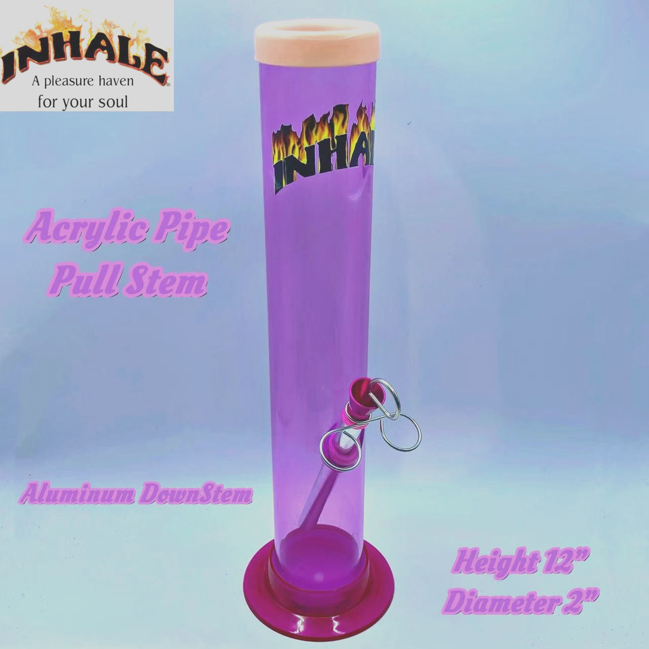 INHALE®️ 2X12&Prime; STRAIGHT ACRYLIC WATER PIPE w PULL STEM &POKER MADE IN USA