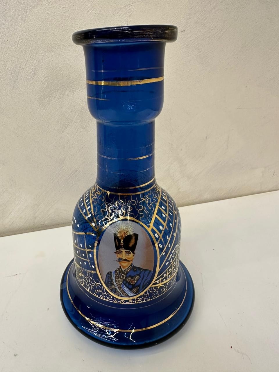 Vintage Persian Cobalt Blue Glass Hookah Base – Hand-Painted with Royal Portrait