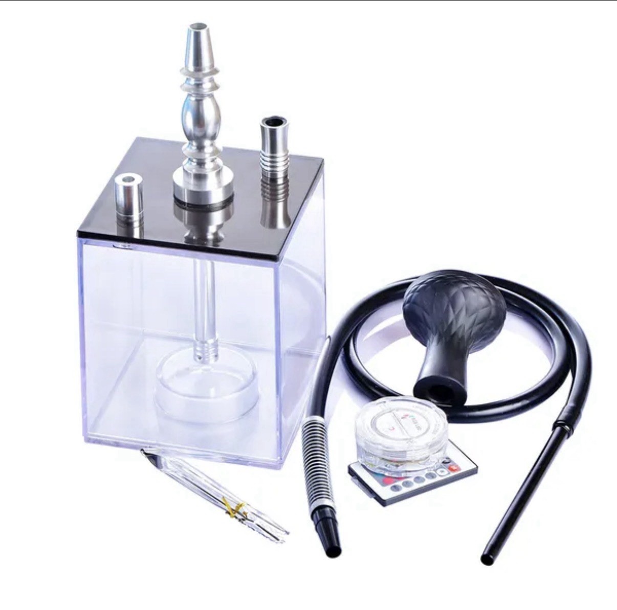 Cube-Shaped Acrylic Hookah with Color Changing LED, Hose, and Mouthpiece