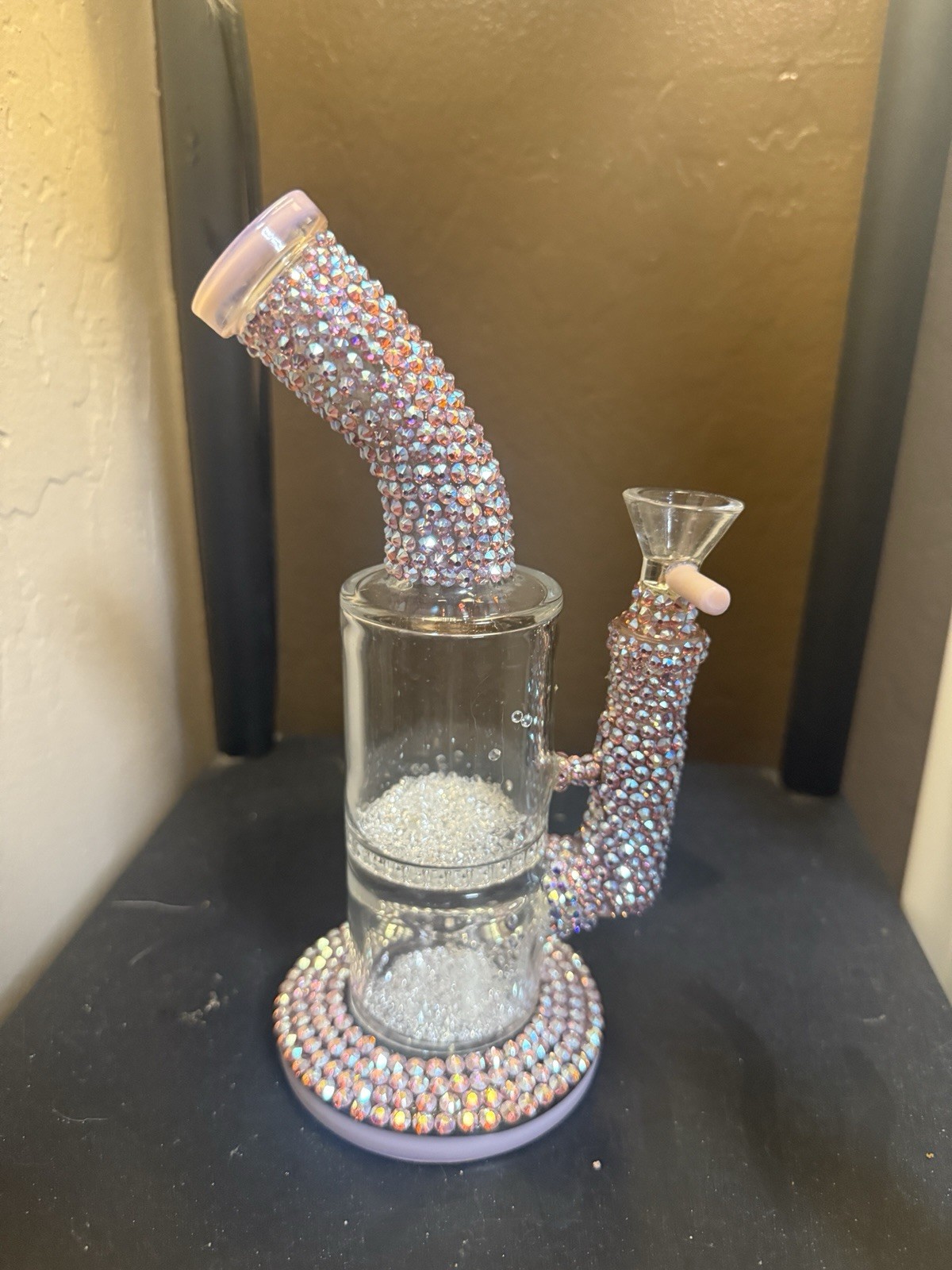 Crystal Encrusted Glass Water Pipe with Diamond Pattern. Girly bong Bling Bong