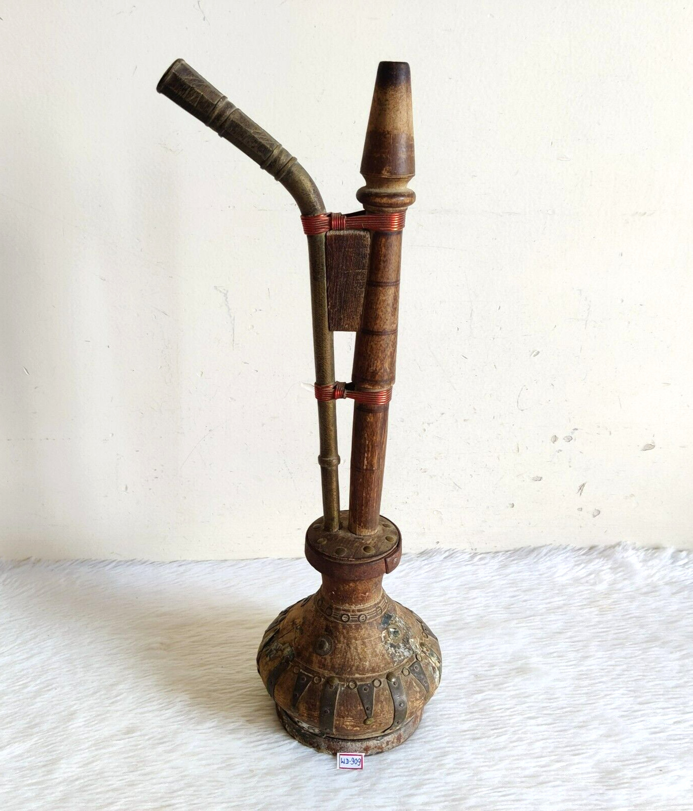 1920s Vintage Handcrafted Wooden Brass Pipe Traditional Hukkah Collectible WD909