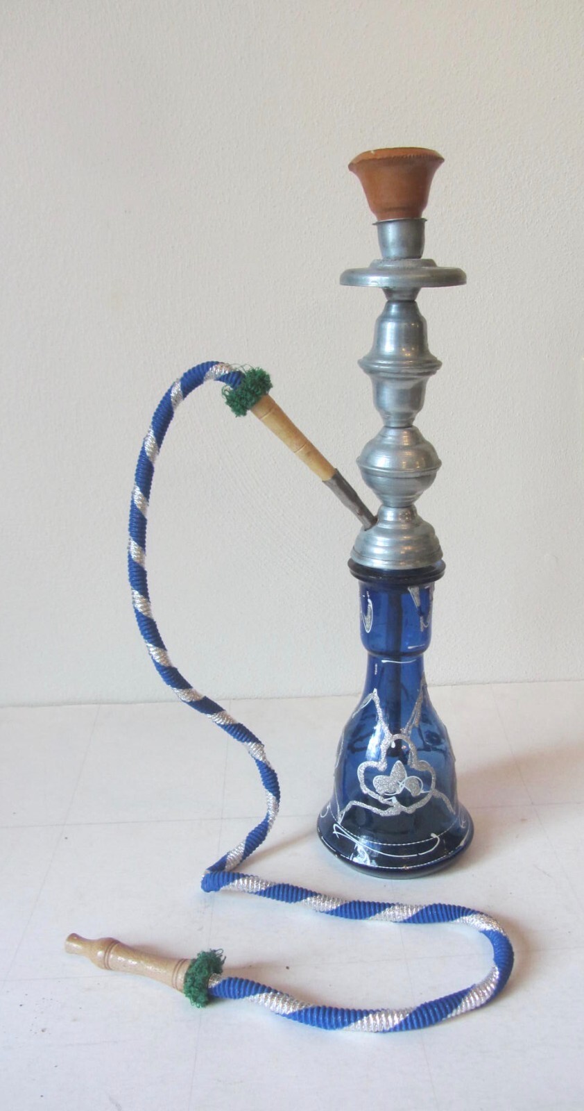 VTG 20&Prime; Bohemian HOOKAH COBALT BLUE Tobacco Silver HAND PAINTED