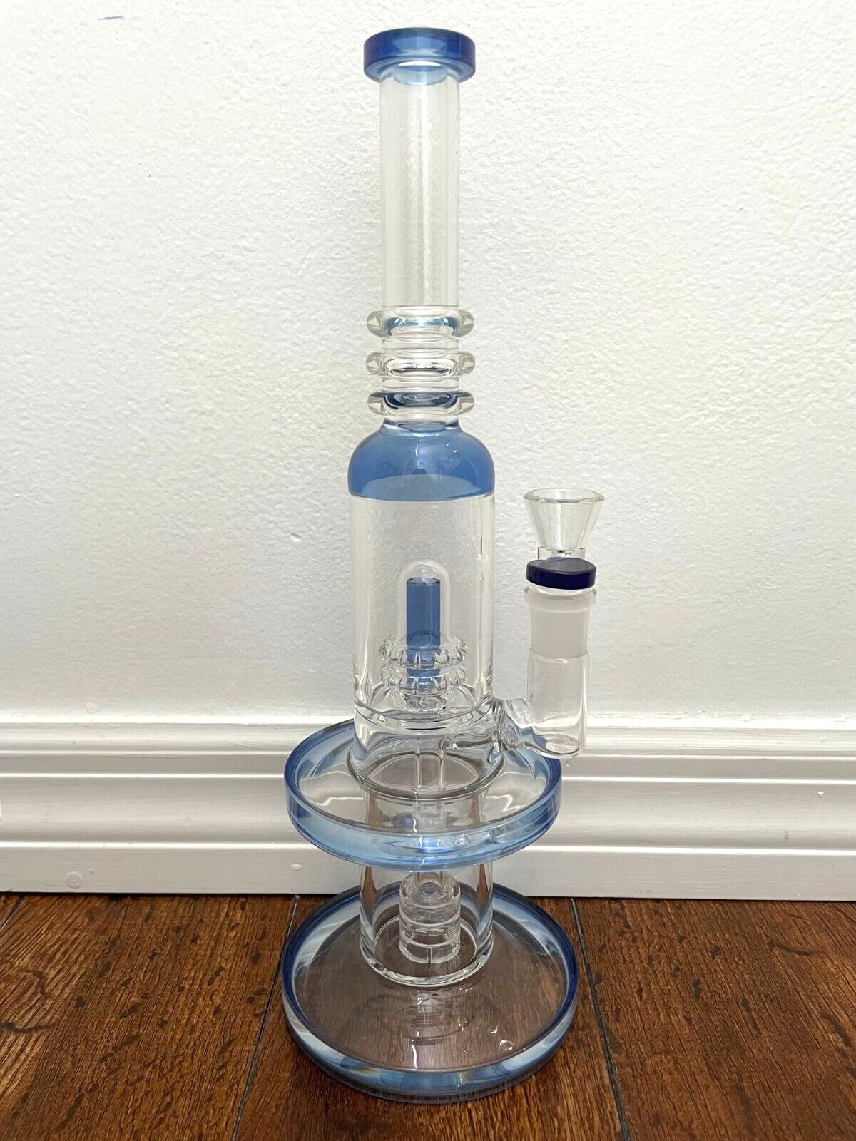 13.5” Premium Glass Water Pipe Two Tier Blue Shower Percs 18mm