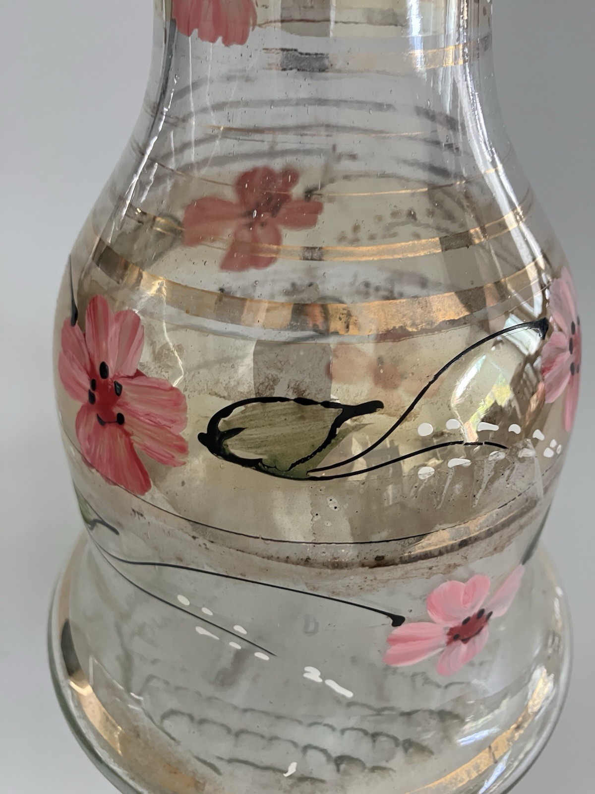 Vintage Bohemian Glass Hookah Vase Decanter Hand Painted Pink Flowers Black Gold