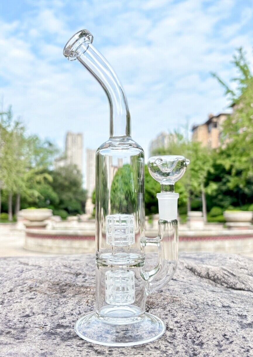 10&Prime; Clear Double Recycler Perc Glass Bong Smoking Water Pipe Hookah Bubbler BOWL