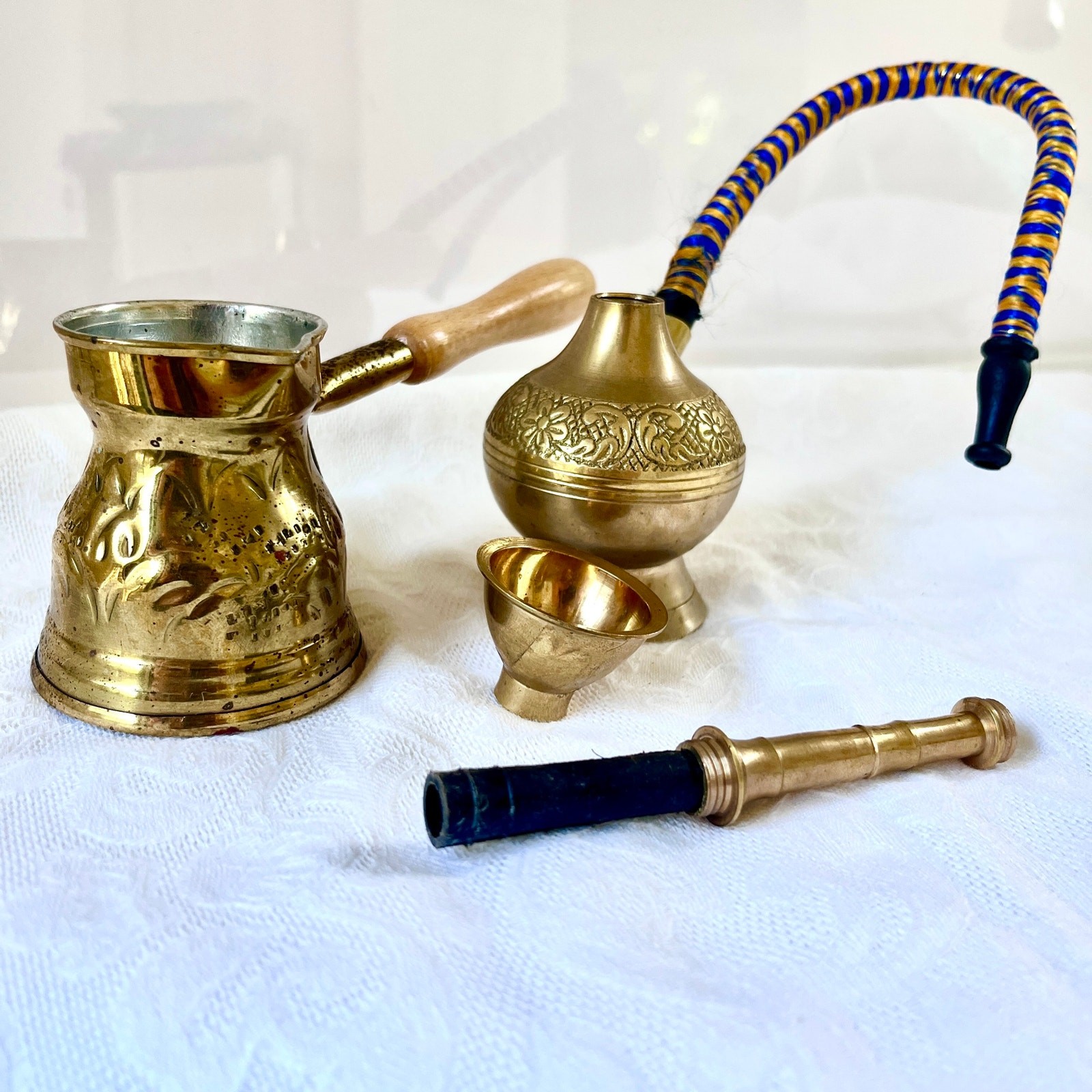 Vintage Brass Hookah Turkish Coffee Pot Handmade Engraved Middle Eastern Decor