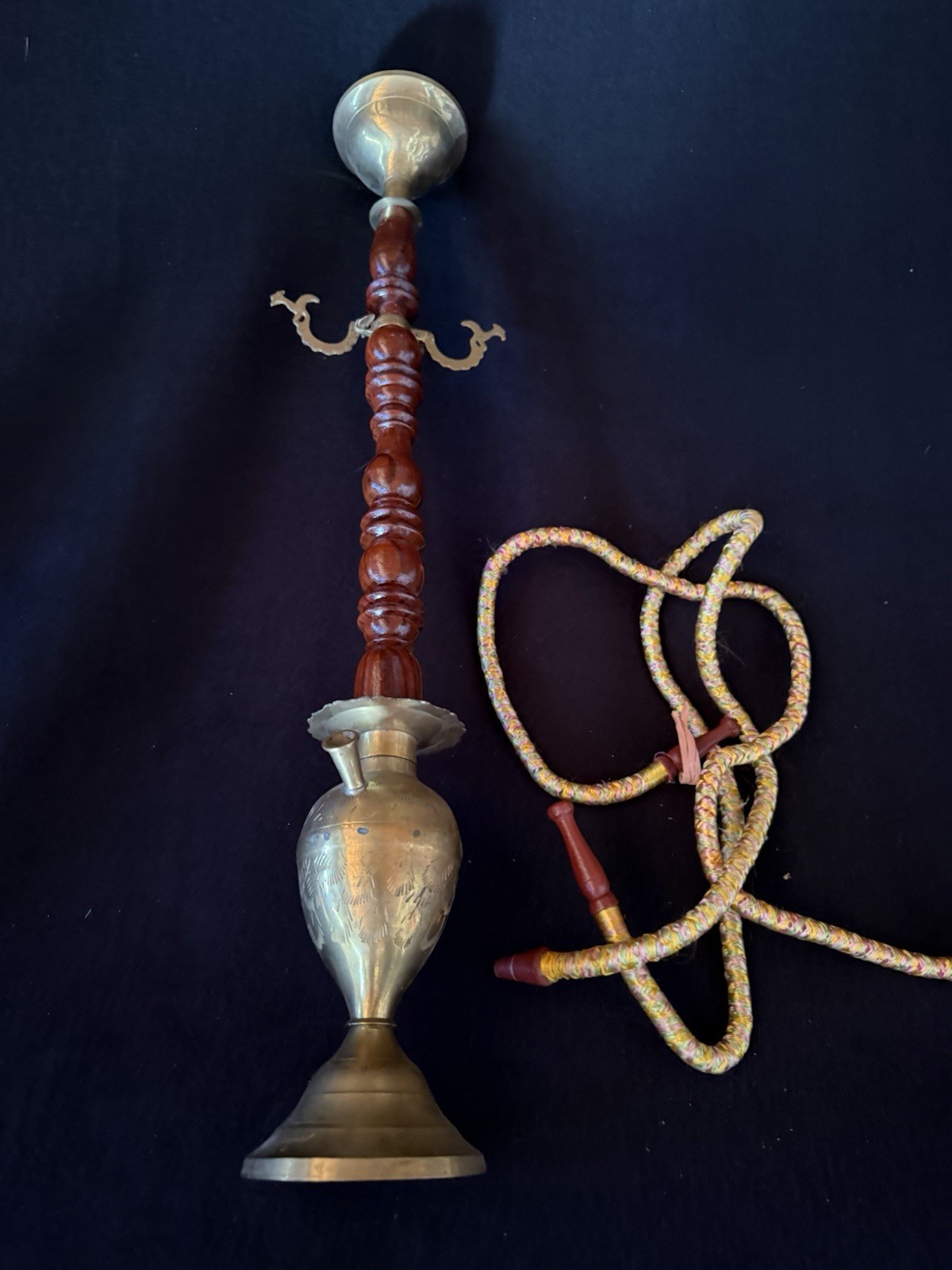 Ornate Brass And Wood Hookah Double Pipe